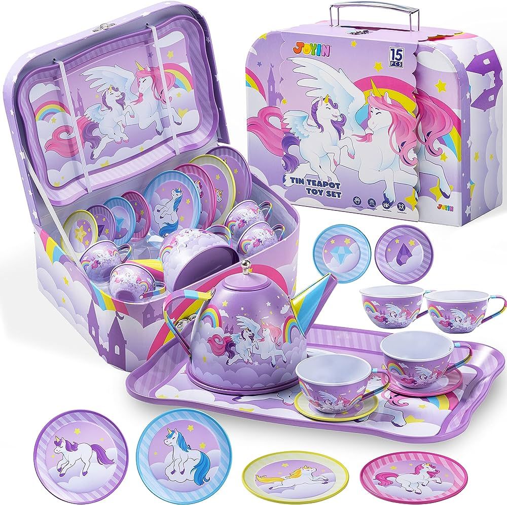 JOYIN Unicorn Tea Party Set for Little Girls, Pretend Purple Tin Teapot Set, Princess Tea Time Pl... | Amazon (US)