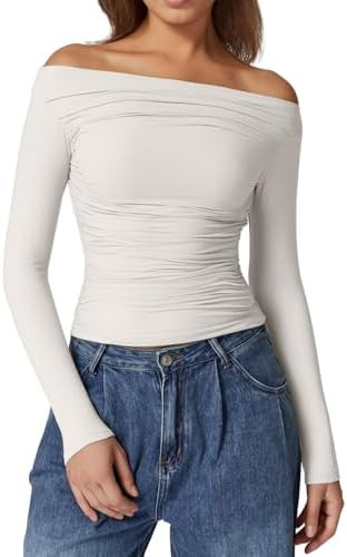 QINSEN Womens Off Shoulder Long Sleeve Tops Ruched Going Out Crop Slim Fitted Double Lined Shirts | Amazon (US)
