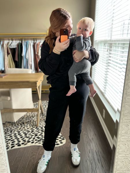 SAHM outfit of the day. 

These sweats are my favorite. I have three colors in both the crew version and hoodie. Can’t recommend enough and the whole set is under $40. Also linking the most loved sambas just in case there is a restock. I’m really loving the green. 

Top and bottom size large TTS sneakers run true to size in my opinion.

#LTKfamily #LTKbaby #LTKfindsunder50