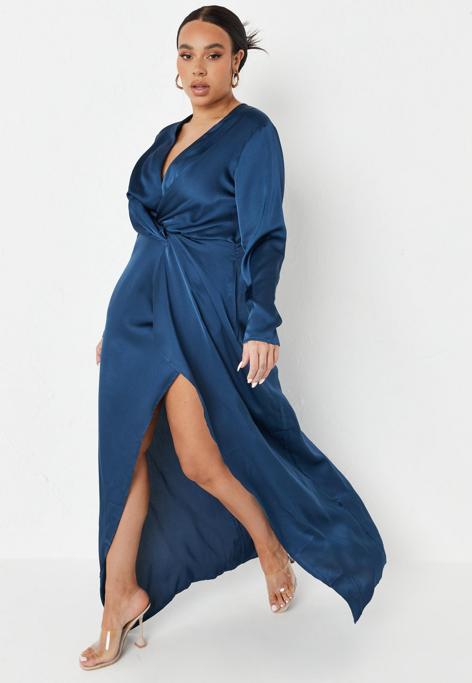 Missguided - Plus Size Navy Twist Front Satin Maxi Dress | Missguided (US & CA)