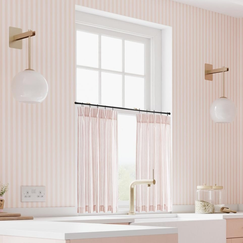 Pink Striped Pinch Pleat Kitchen Curtains, 24 inch Length, Light Pink Cabinet Curtains for Nurser... | Amazon (US)