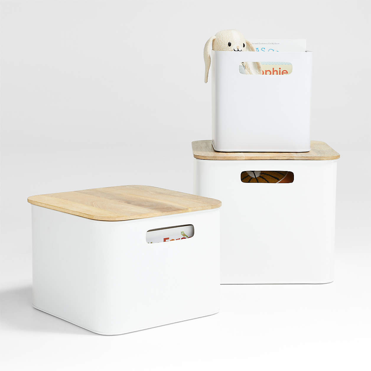 Outline White Large Metal Kids Floor Bin with Wood Lid + Reviews | Crate & Kids | Crate & Barrel