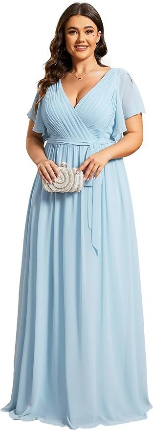 Ever-Pretty Plus Women's Plus Size A-Line Deep V-Neck Elastic Sash Waist Maxi Formal Bridesmaid D... | Amazon (US)