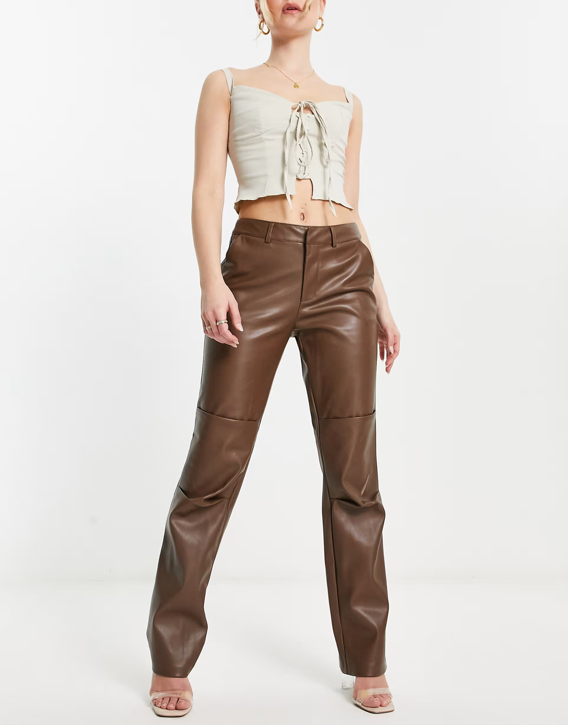 NA-KD faux leather low rise pants in brown | ASOS (Global)
