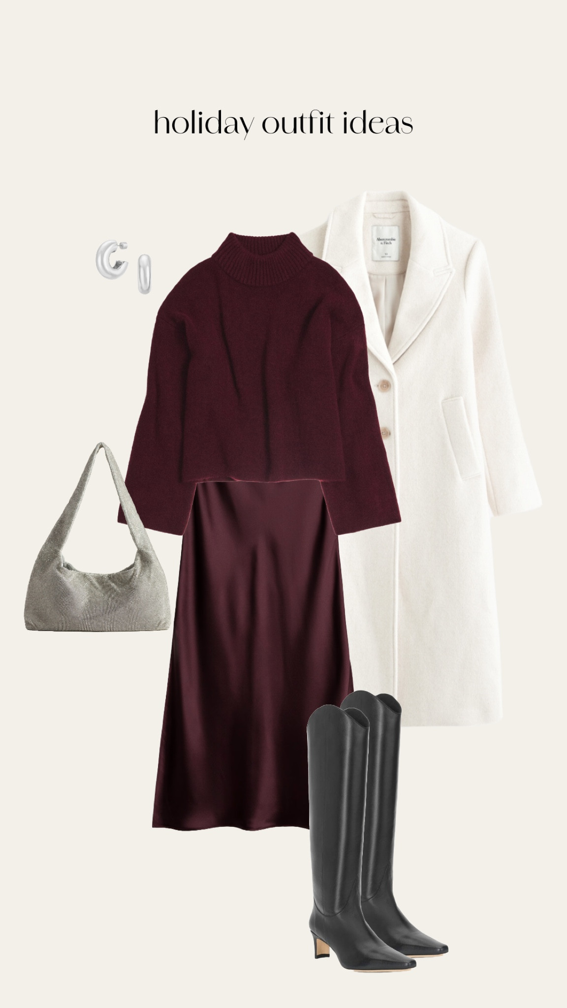 monochrome holiday outfit - wool coat, satin midi skirt, staud wally boots, silver handbag, maroon outfit

#LTKHoliday #LTKShoeCrush #LTKSeasonal