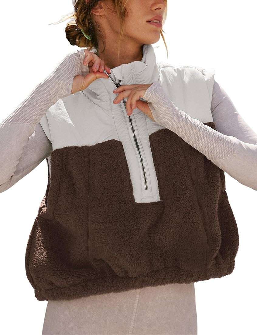 Yeokou Women Fleece Sherpa Vest Cropped Half Zip Sleeveless Warm Fuzzy Contrast Color Outwear Ves... | Amazon (US)