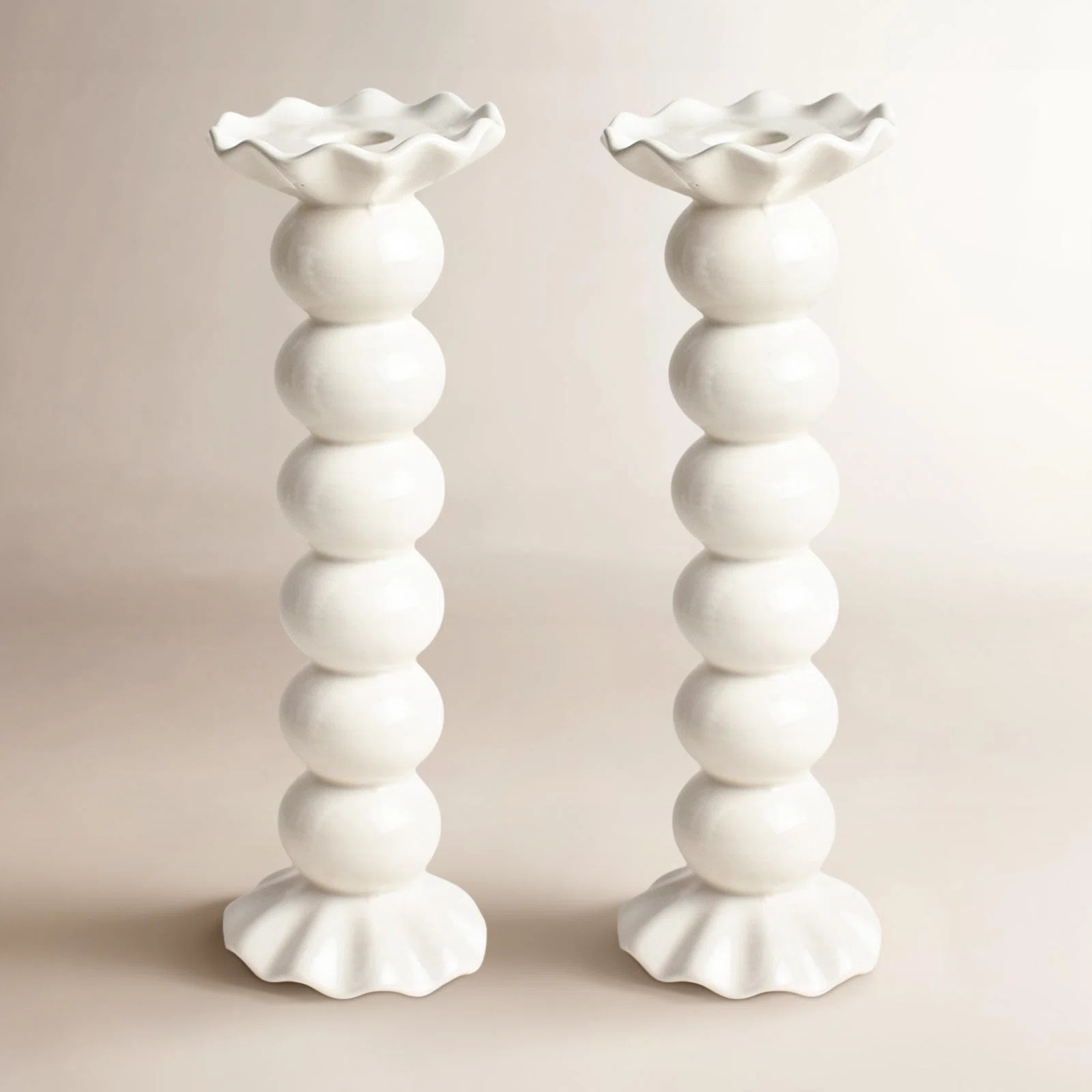 Signature White Medium Knobbed Candle Holder With Ruffle Set Of 2 (Set of 2) | Birch Lane