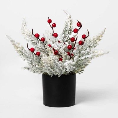 8" x 8" Artificial Snow-Covered Pine Arrangement with Berries in Pot White/Red - Threshold™ | Target