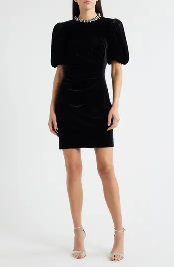 Eliza J Jeweled Neck Velvet Dress in Black at Nordstrom Rack, Size 6 | Nordstrom Rack