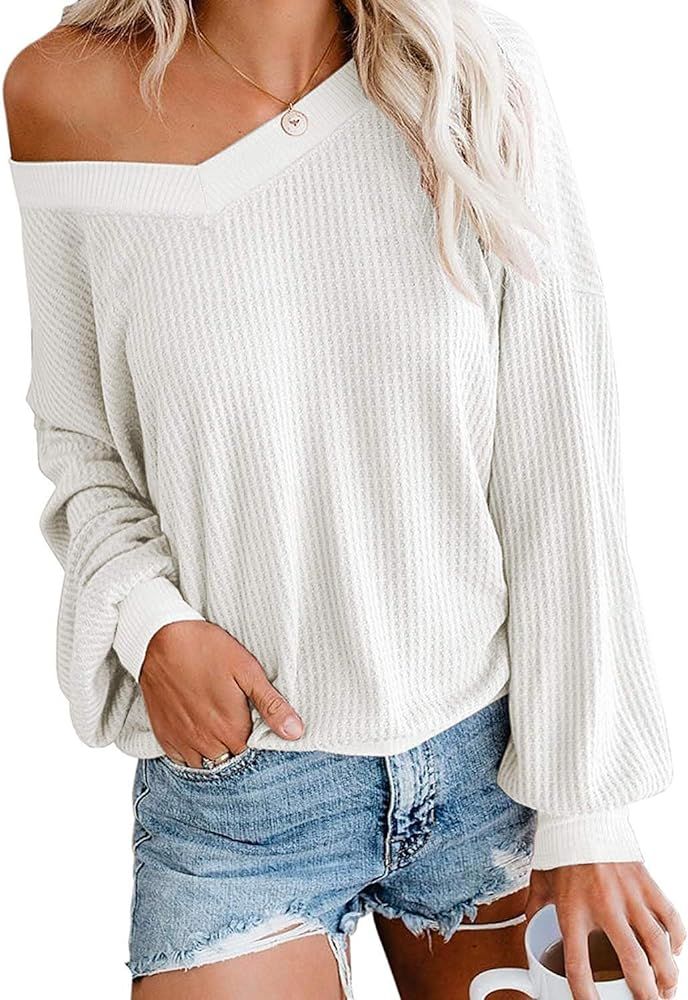 Glanzition Womens Off The Shoulder Tops V Neck Waffle Knit Shirts Long Sleeve | Amazon (US)