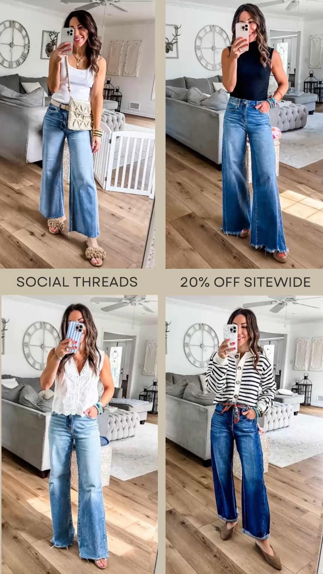 20% off sitewide at Social Threads. Risen jeans. Wide leg jeans. Barrel jeans. Wearing 25.

#LTKSaleAlert #LTKOver40 #LTKPetite