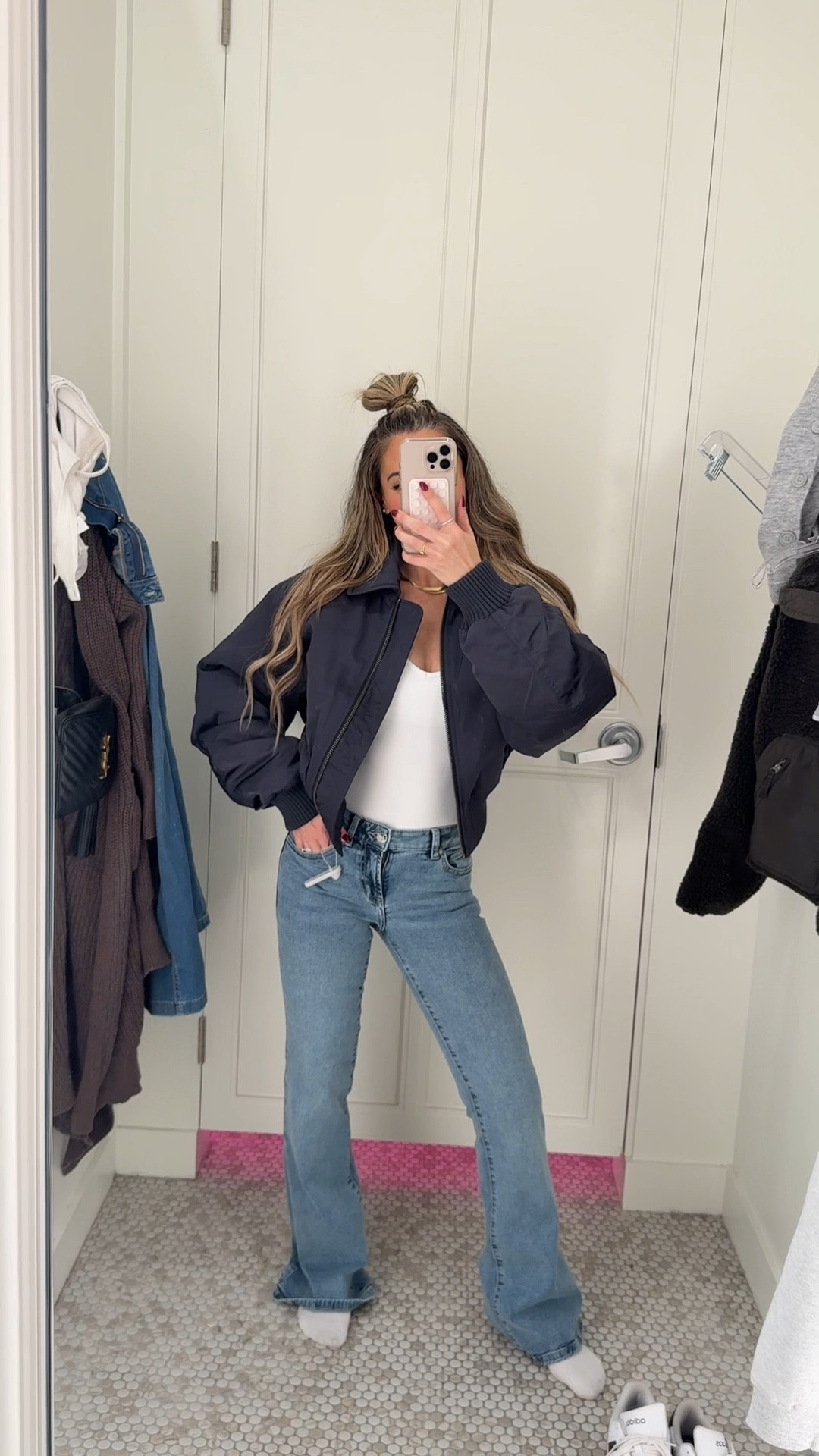 The most flattering bomber jacket 😍 wearing an xs! Love the v neck body suit too! Wearing a small 🤍

#LTKPetite #LTKFindsUnder100 #LTKFindsUnder50