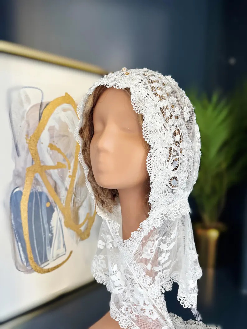 Luxury Handmade Beaded Lace Chapel Veil Mantilla Scarf | White Embroidered Head Covering | | Etsy (Global)
