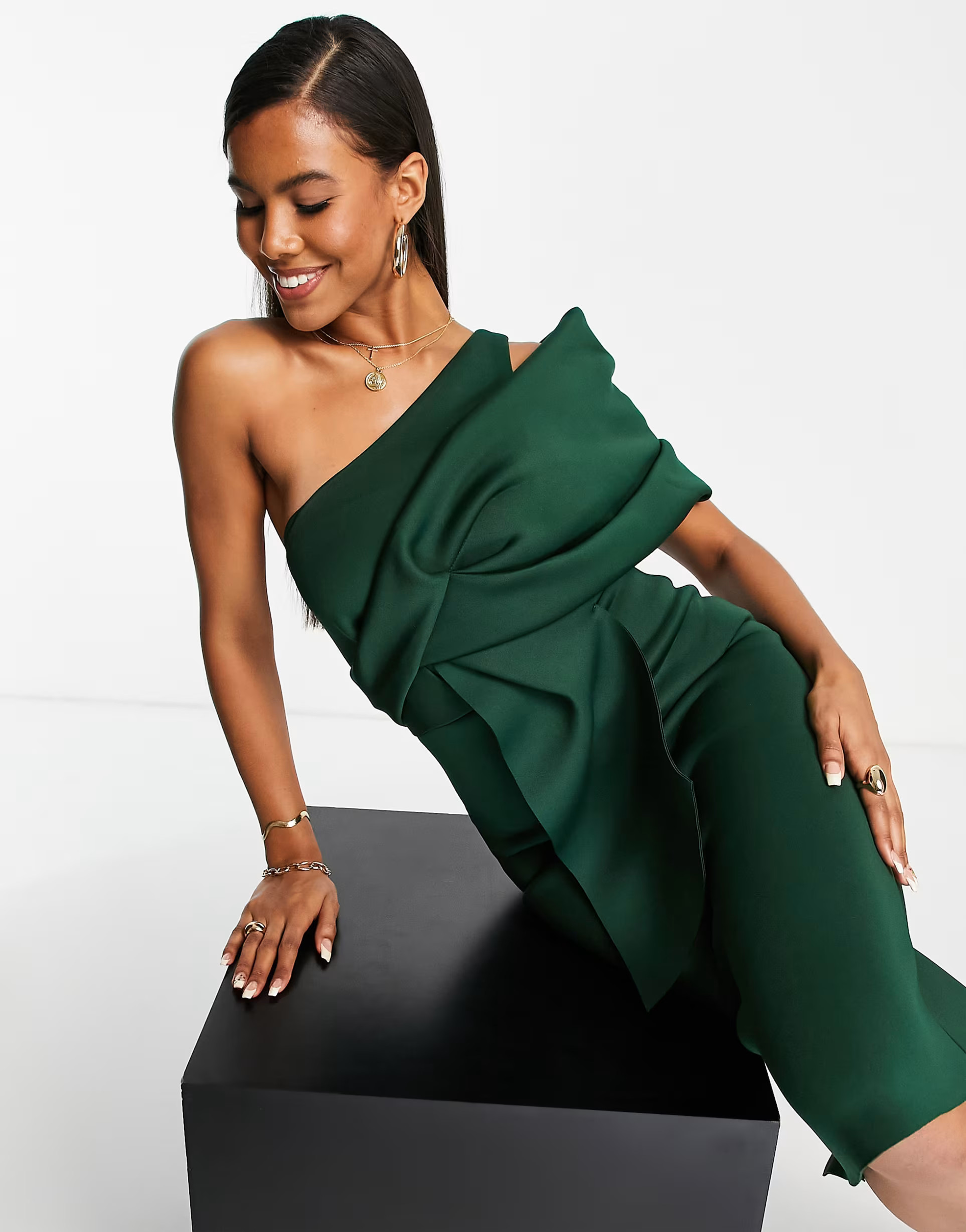ASOS DESIGN peekaboo shoulder gathered midi pencil dress in forest green | ASOS (Global)
