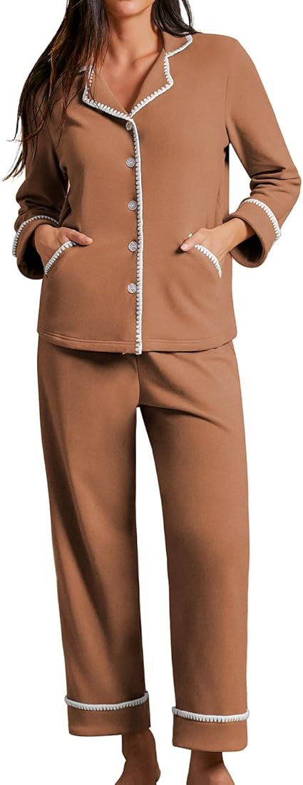 CHYRII Womens Pajamas Sets Fall Fashion Flannel Scalloped Button Up Long Sleeve PJ Sets Two Piece... | Amazon (US)