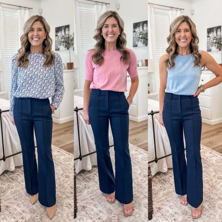 Navy work pants 3 ways! Run a little big in the waist and fit tts through the hips. Size 00P

Printed top- xs tts
Short sleeve sweater- linked similars (exact one is sold out)
Sleeveless sweater- xs tts
Pointed toe heels- go down one size (run large)
Sandal heels- tts 

Work outfits, work pants, spring workwear, office outfits, petite work pants , flare work pants 

#LTKsalealert #LTKSeasonal #LTKworkwear