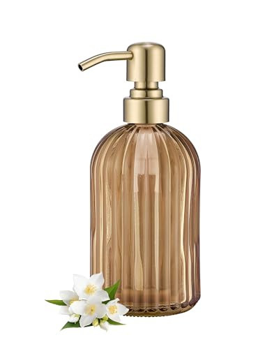 16 OZ Amber Glass Soap Dispenser, Amber Stripe Bathroom Hand Soap Dispensers with Stainless Steel Brushed Gold Pump,Brown Glass Kitchen Hand Soap Dispenser with Brushed Gold Pump | Amazon (US)