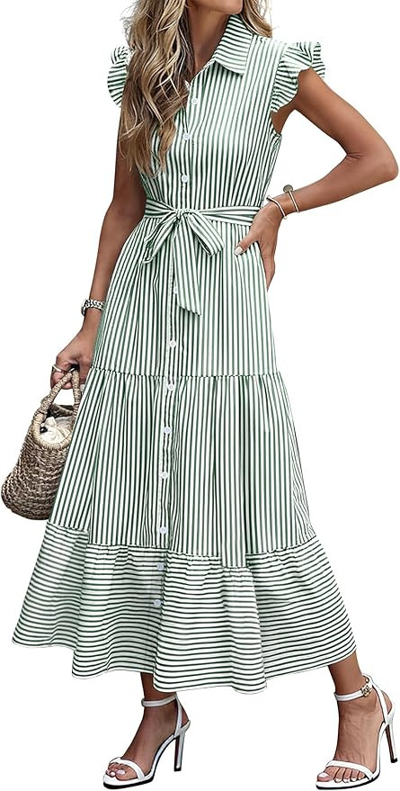 Caracilia Womens Summer Casual Ruffle Cap Sleeve Maxi Dress Button Down Striped Plaid Tie Waist V... | Amazon (US)