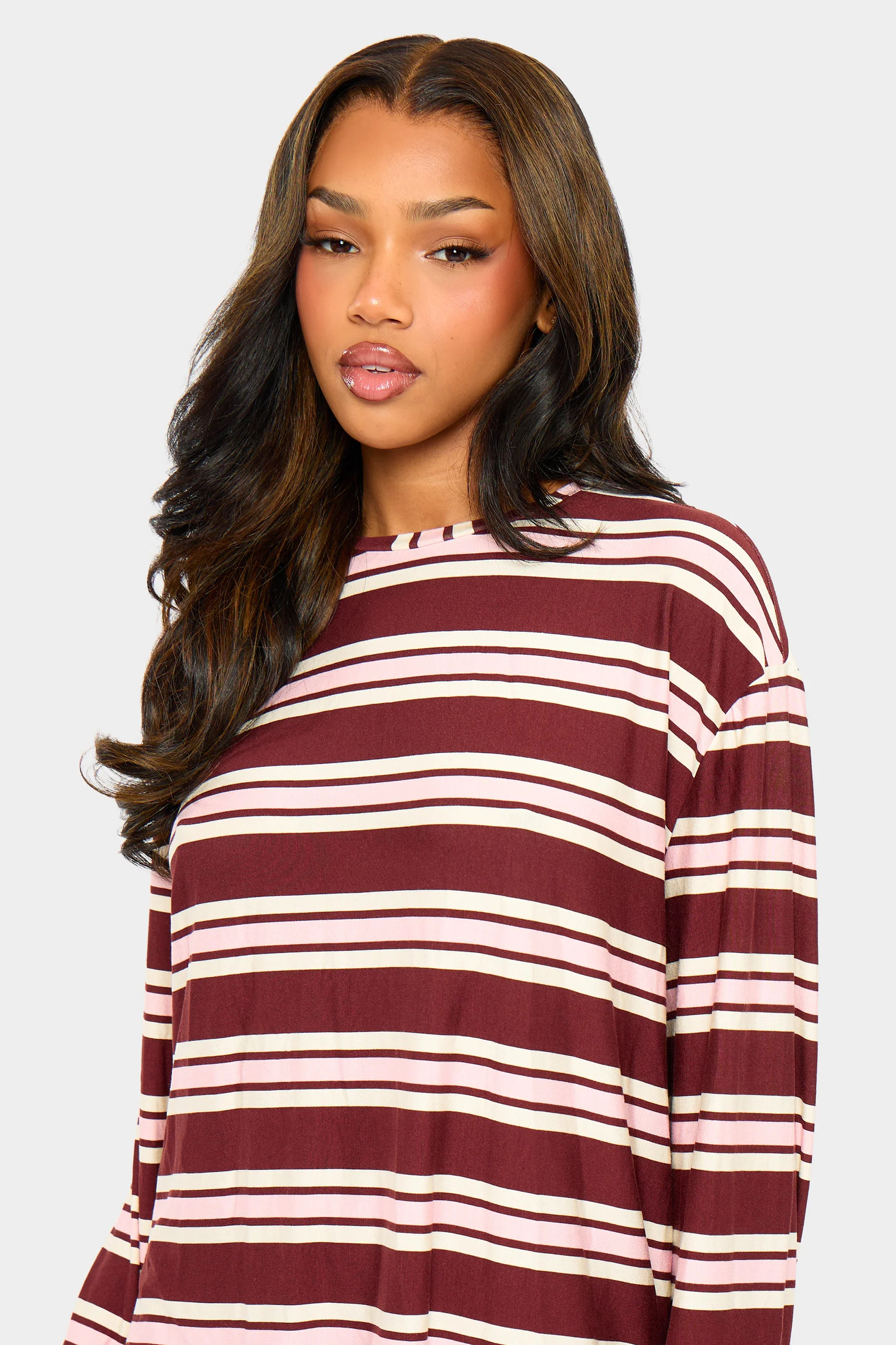 Kaiia Striped Oversized Long Sleeve T-shirt Burgundy & Pink | Kaiia the Label