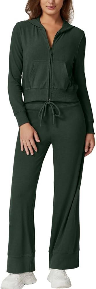 QINSEN Women's Two Piece Outfits Long Sleeve Full-Zip Hoodie and Wide Leg Pants Tracksuit Lounge ... | Amazon (US)