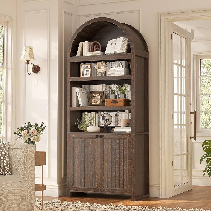 81" Tall Arched Cabinets,Bookcase with storage,Mid-Century Modern 6-Tier Bookshelf with Door,2 Bo... | Amazon (US)