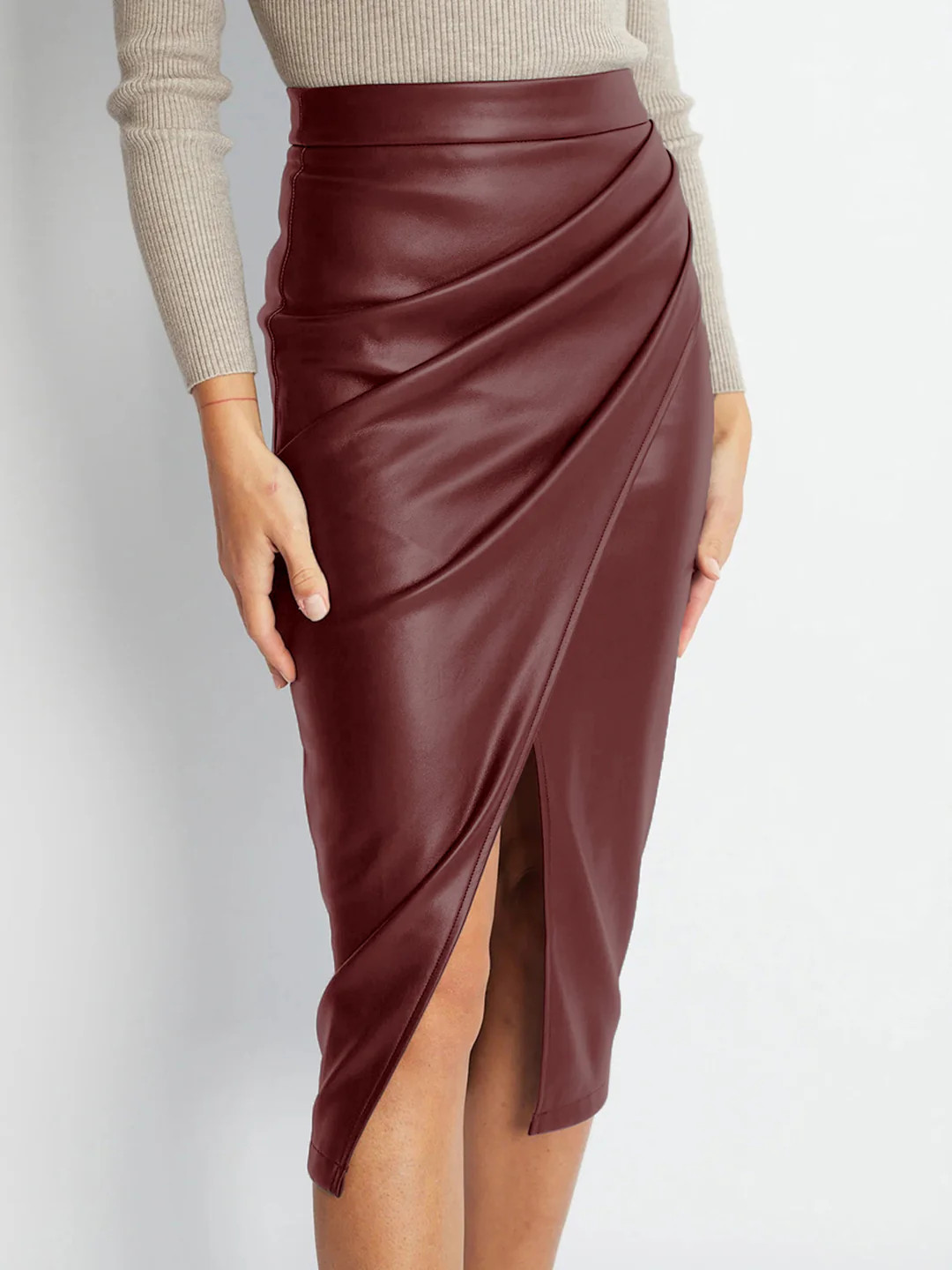 Pleated Split PU Leather Skirt | Commense