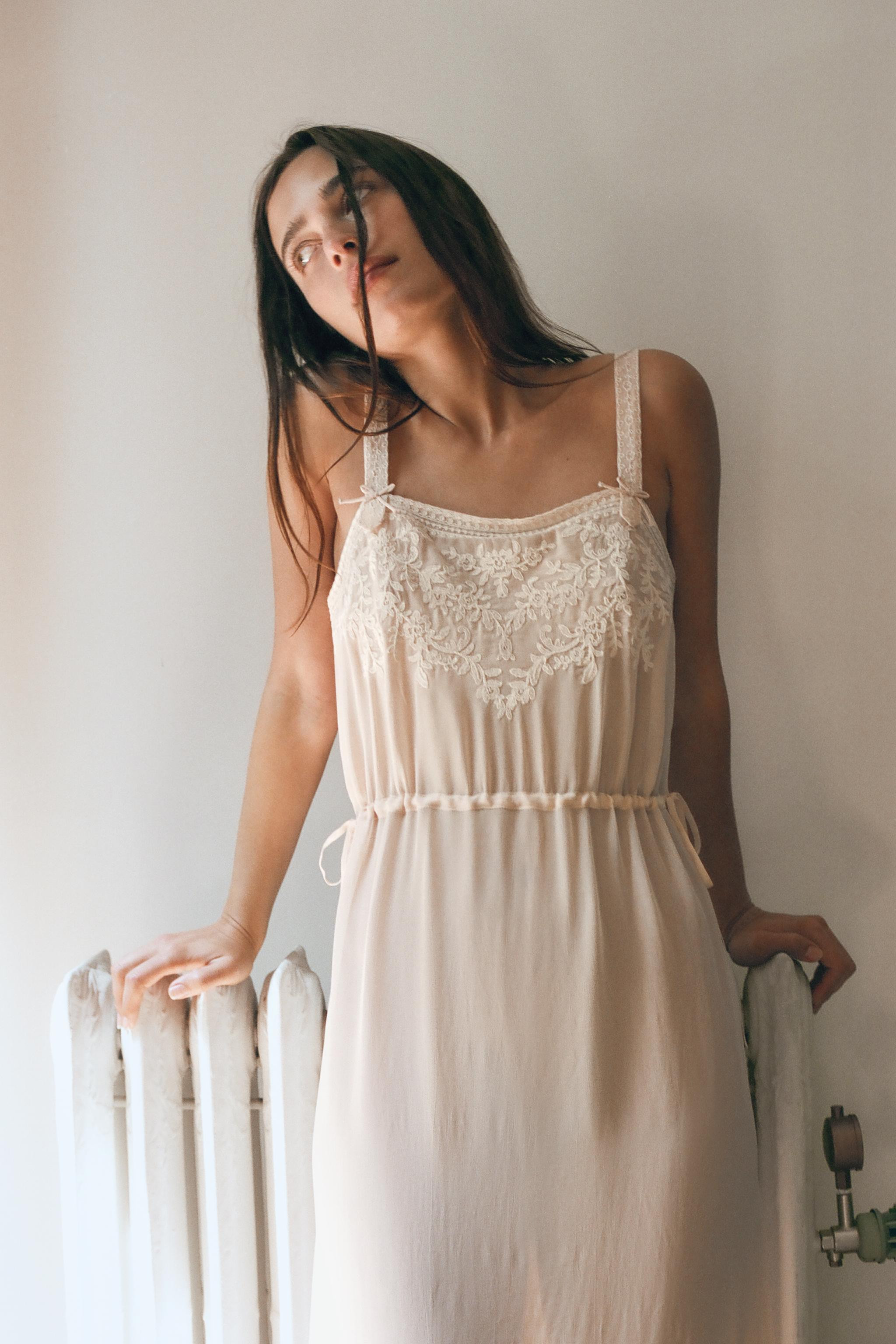 MIDI EMBROIDERED DRESS WITH TIES | Zara UK