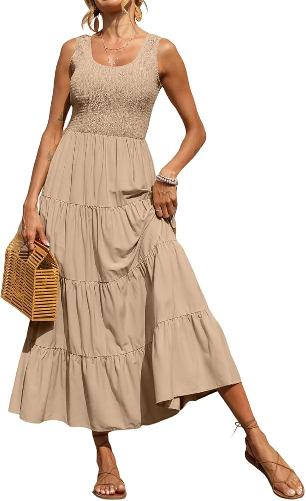 PRETTYGARDEN Women's Casual Loose Plain Maxi Sundress Smocked Tank Dress Sleeveless Summer Beach ... | Amazon (US)