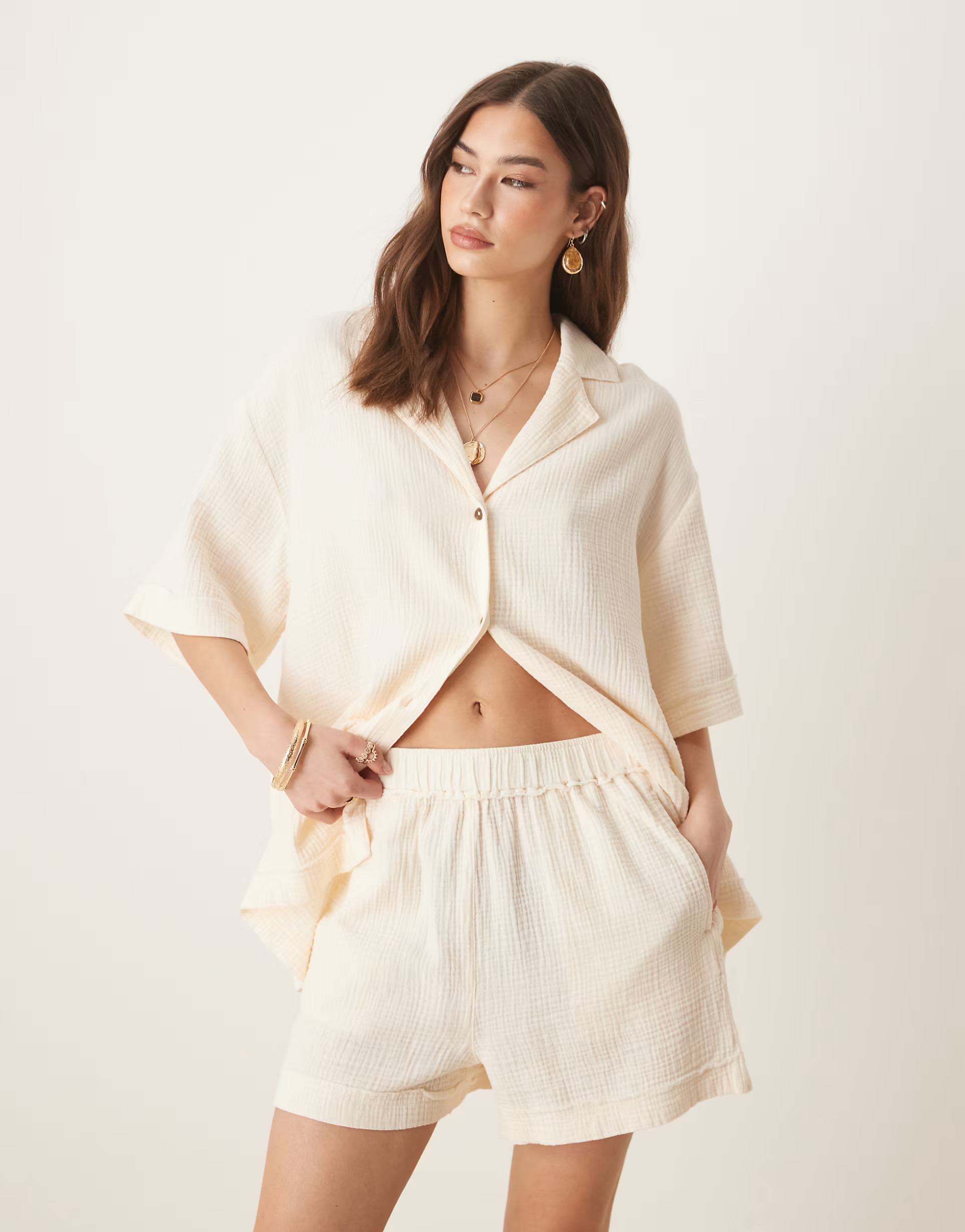 ASOS DESIGN cheesecloth pull on shorts with raw edge detail co-ord in buttermilk | ASOS | ASOS (Global)