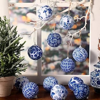 12 Pcs Christmas Blue and White Chinoiserie Ball Ornaments Christmas Tree Hanging Ornaments Chino... | Amazon (US)