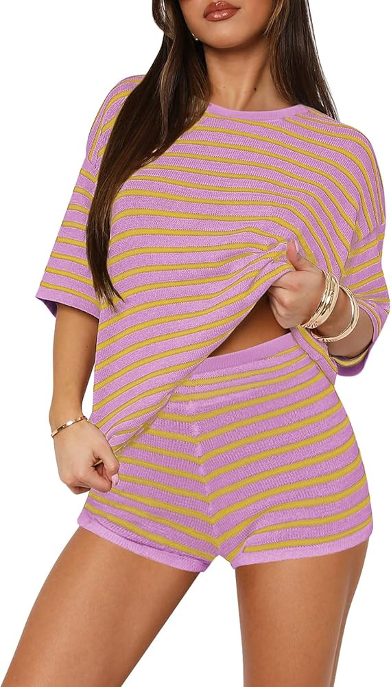 Amazon.com: Yousify Casual Two Piece Outfits for Women Crewneck Short Sleeve Summer Track Suits G... | Amazon (US)
