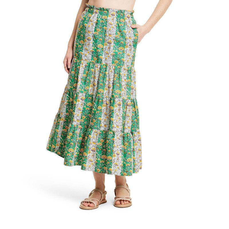 Women's Mixed Whimsical Floral & Stripe Print Midi Skirt - RHODE x Target Green/Blue/Yellow | Target
