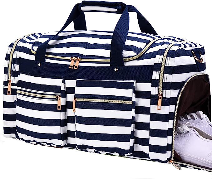 Weekender Overnight Duffel Bag Shoe Pocket for Women Men Weekend Travel Tote Carry On Bag (Stripe... | Amazon (US)