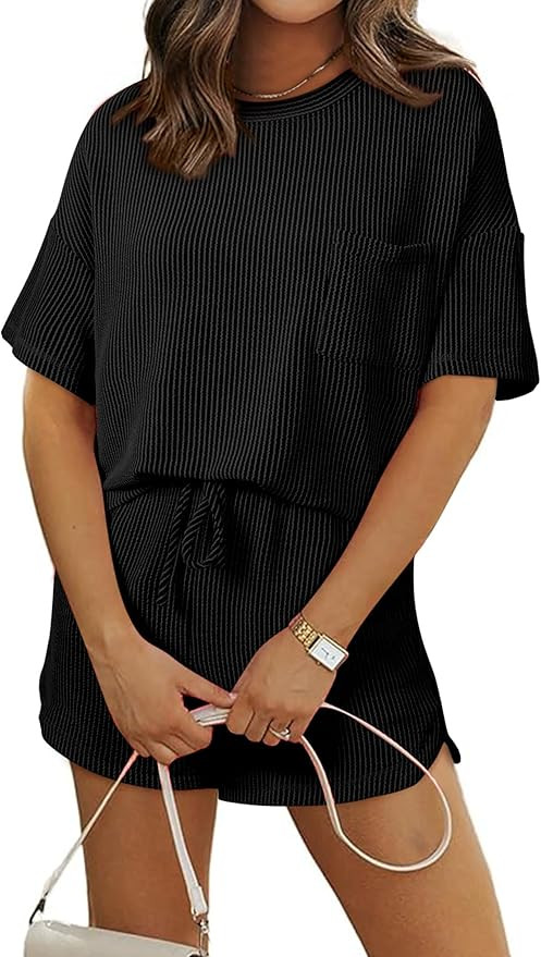 SHEWIN 2 Piece Sets for Women Summer Short Sleeve Shirts High Waisted Shorts with Pockets Lounge ... | Amazon (US)