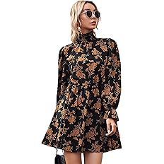 Floerns Women's Mock Neck Long Sleeve Floral Print Ruffle Short Dress Black Multi L at Amazon Wom... | Amazon (US)