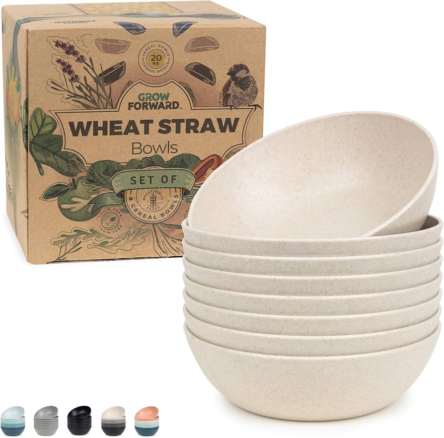 Grow Forward Premium Wheat Straw Bowls Set of 8 - Reusable 20oz Hard Plastic Cereal Bowls - Unbre... | Amazon (US)