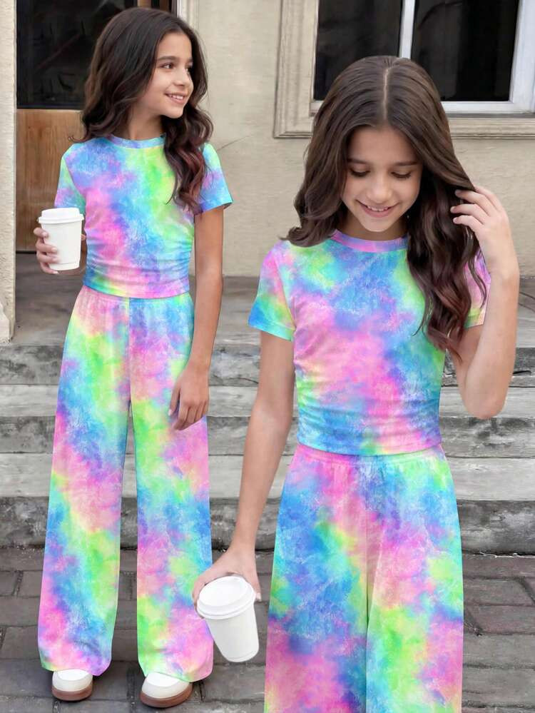 2pcs/Set Tween Girls Tie-Dye Print T-Shirt And Pants,Pink And Green,Summer,Casual,Pride Month Ess... | SHEIN