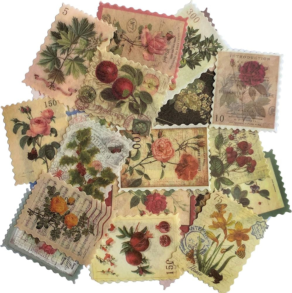 60pcs Vintage Postage Stamp Stickers, Aesthetic Botanical Deco Paper Sticker for Scrapbooking, Jo... | Amazon (US)