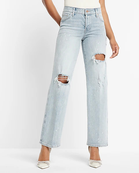 Low Rise Light Wash Ripped Baggy Straight Jeans | Express