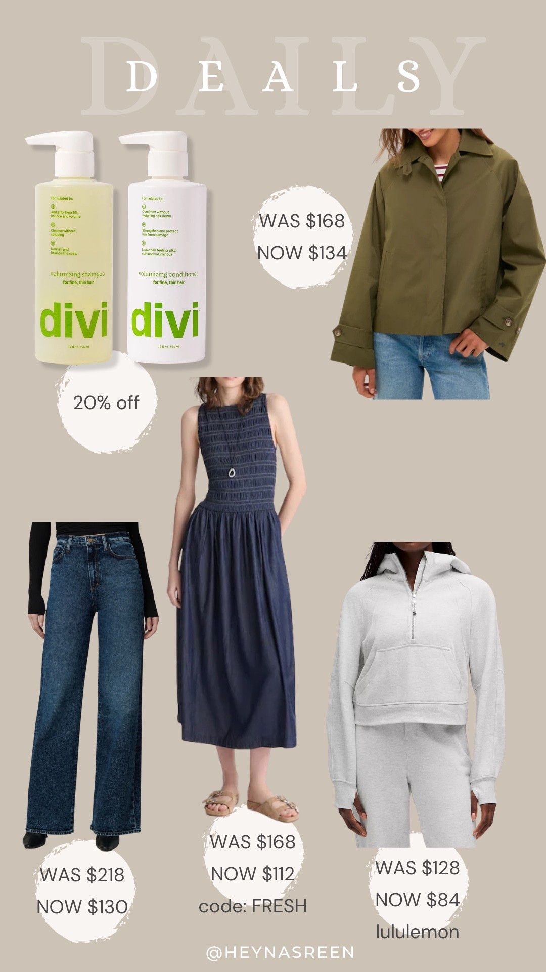 Daily deals on Divi shampoo & conditioner, Tuckernuck trench coat, lululemon scuba hoodie, Madewell dress, Joe’s wide leg jeans 