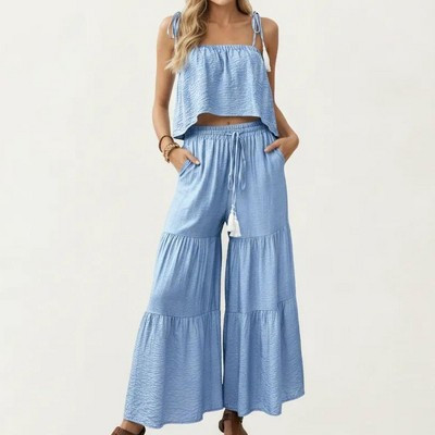 Anna-Kaci Women's 2-Piece Sleeveless Crop Top and Wide Leg Pants Set with Tie Straps Drawstring Waist and Tiered Legs - Small, Blue | Target