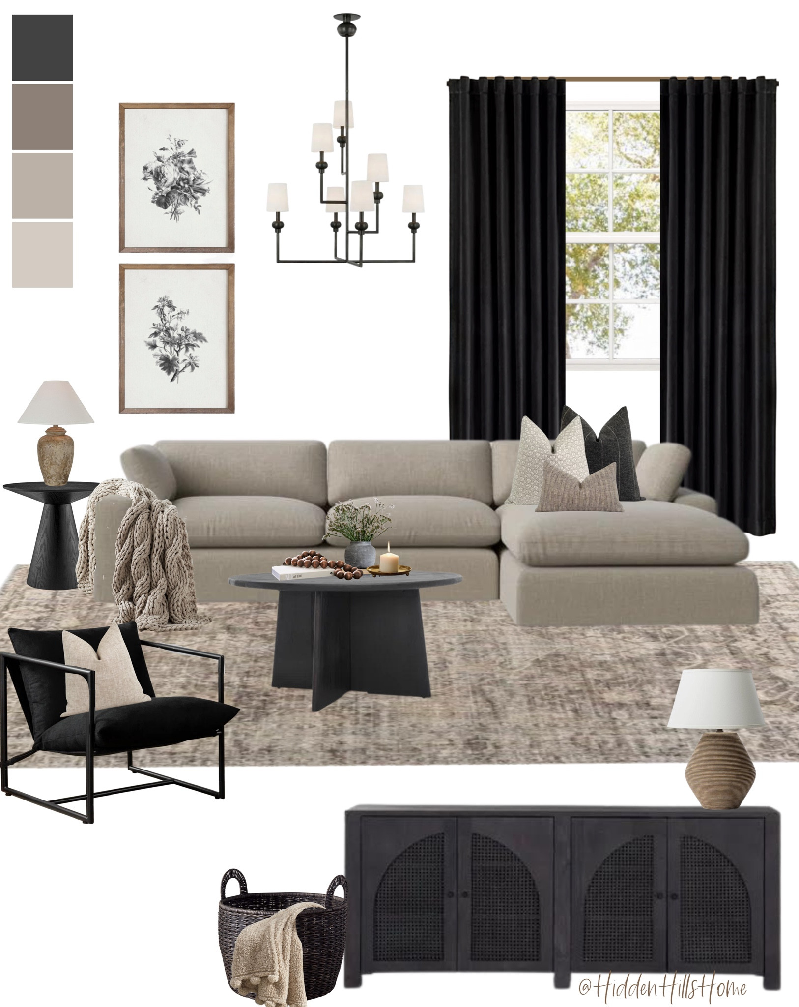 Living room, moody black and beige living room decor mood board, home decor, sectional sofa on sale, black coffee table #livingroom #LTKCyberWeek 

#LTKhome #LTKsalealert