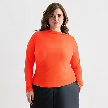 Ashley Graham Fine Rib Womens Plus Asymmetrical Neck Long Sleeve T-Shirt, Color: Mandarin Red - J... | JCPenney