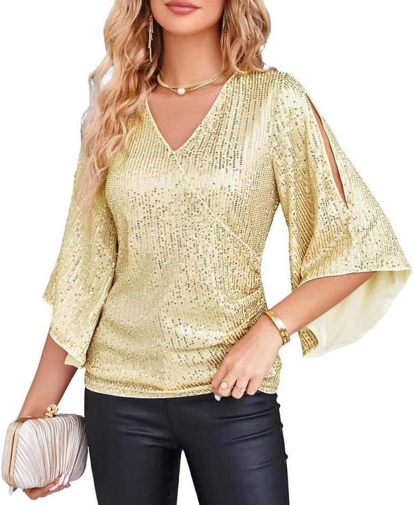 GRACE KARIN Womens Sequin Tops 3/4 Sleeve Glitter Sparkly Party Blouse V-Neck Dressy Tops for Eve... | Amazon (US)