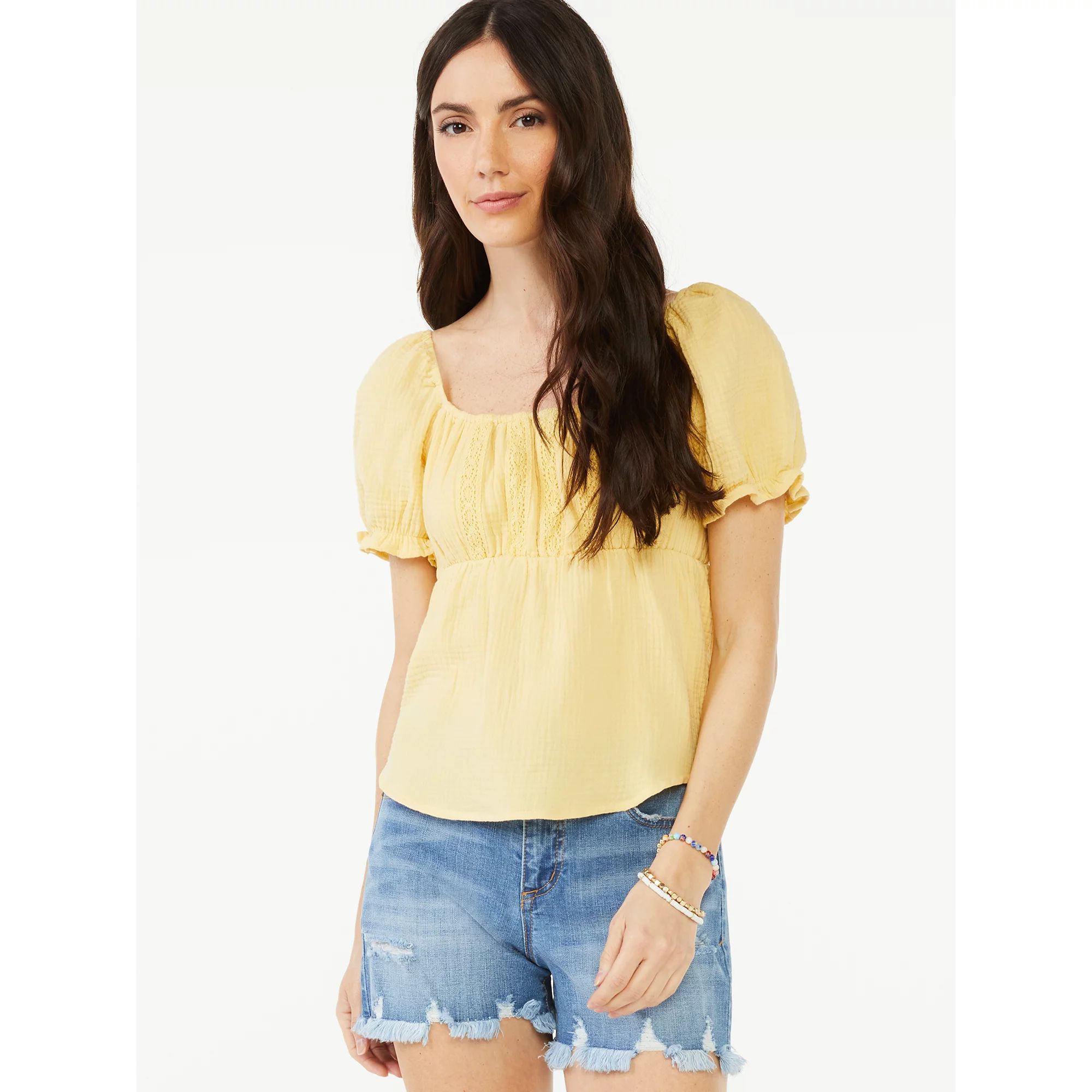 Scoop Women's Square Neck Peasant Top with Puff Sleeves | Walmart (US)