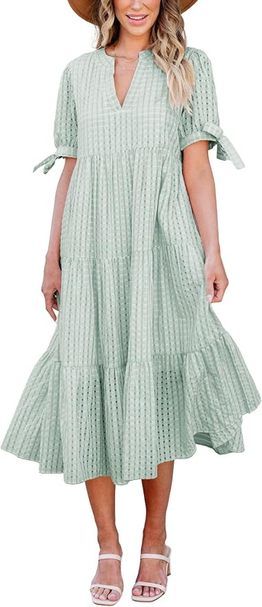 Theenkoln Womens Casual Midi Dress: Short Sleeve V-Neck Empire Waist Gingham Spring Fashion Long ... | Amazon (US)