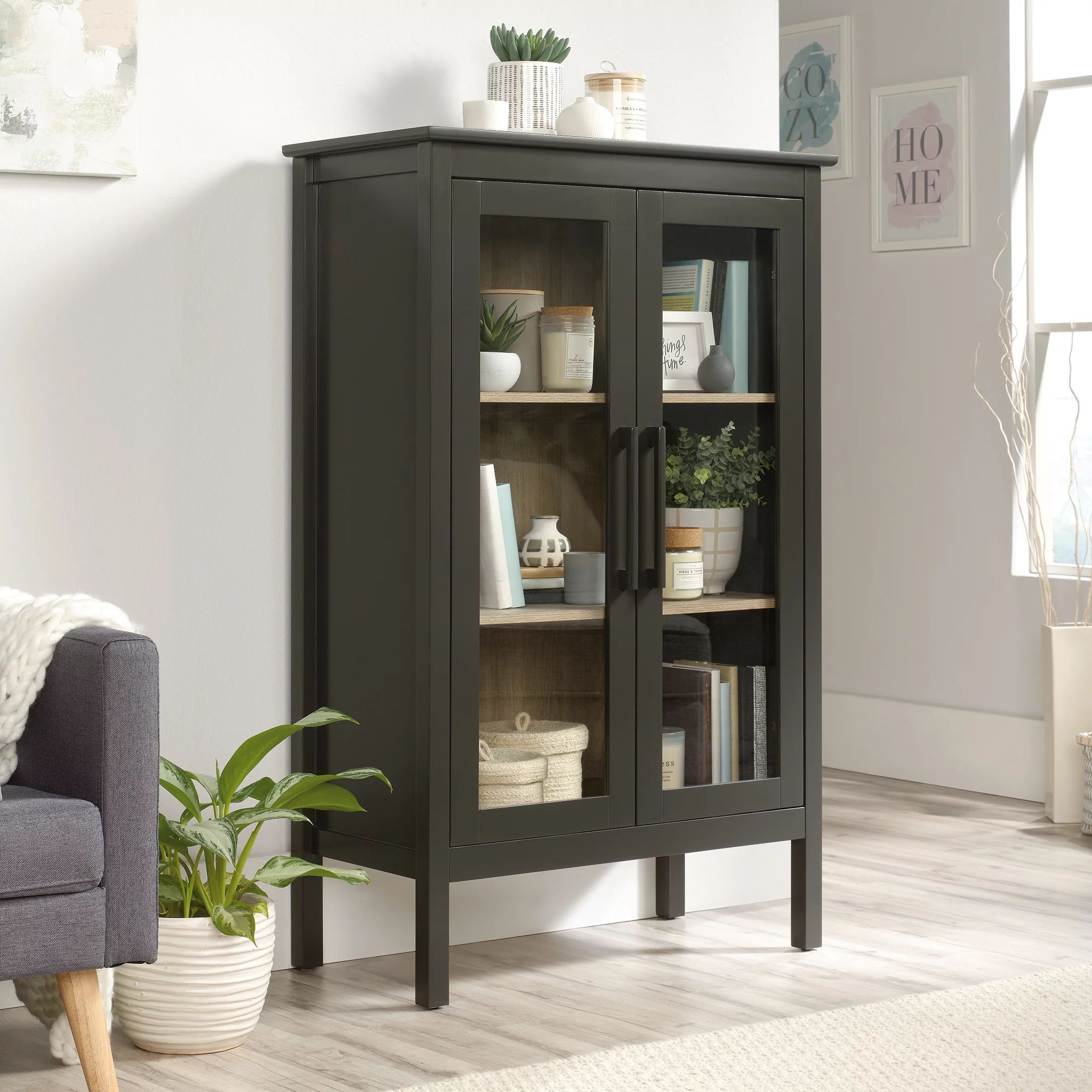 Sauder Anda Norr 2-Door Glass-fronted Wood Display Cabinet, Slate Gray Finish | Walmart (US)