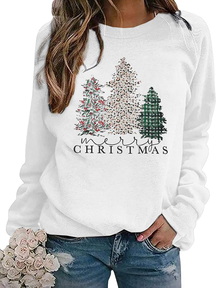 ASTANFY Merry Christmas Sweatshirt for Women Plaid Christmas Holiday Long Sleeve Christmas Tree P... | Amazon (US)