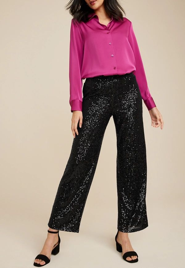 Black Sequin High Rise Wide Leg Pant | Maurices