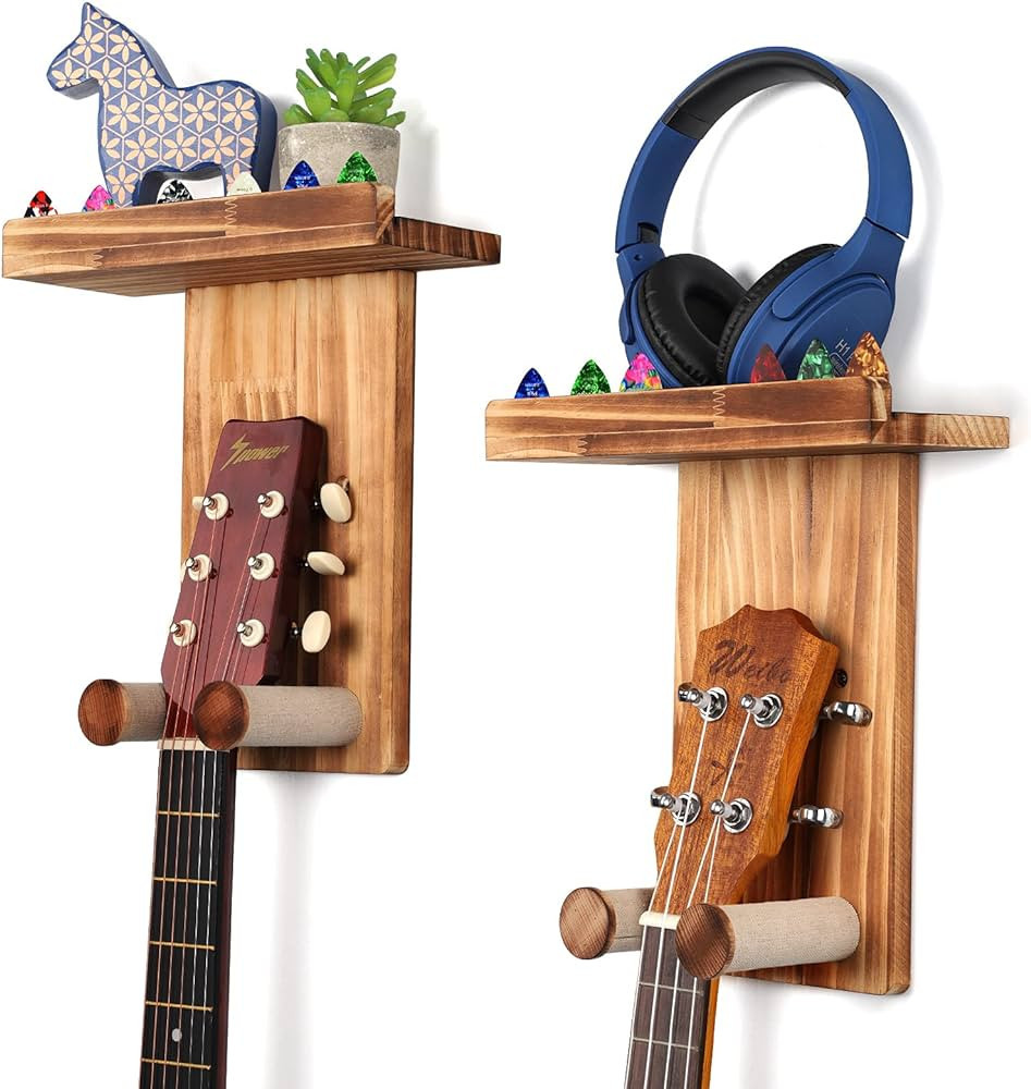 Keebofly Guitar Wall Hanger,2 Pack Guitar Wall Mount Holder Guitar Hanger Shelf with Pick Holder ... | Amazon (US)
